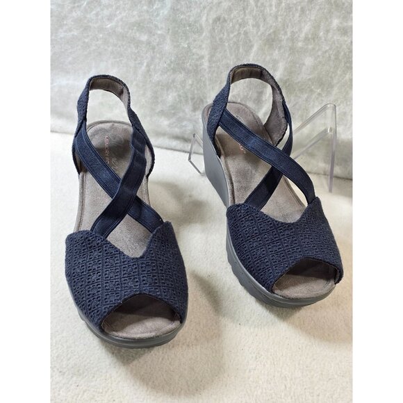 Skechers Memory Foam Navy Blue Wedge Sandals With Stretch Straps & Peep Toe Desi - Picture 11 of 12